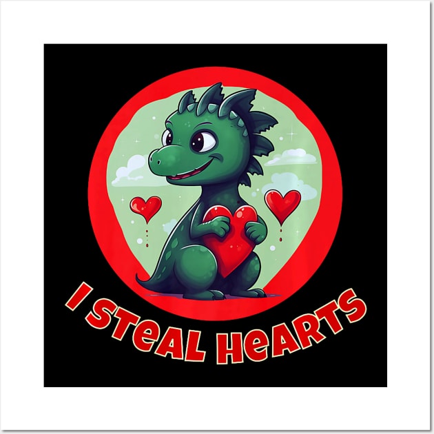 Kids  Dinosaur I steal hearts  Boys valentines day dino Premium Wall Art by jadolomadolo